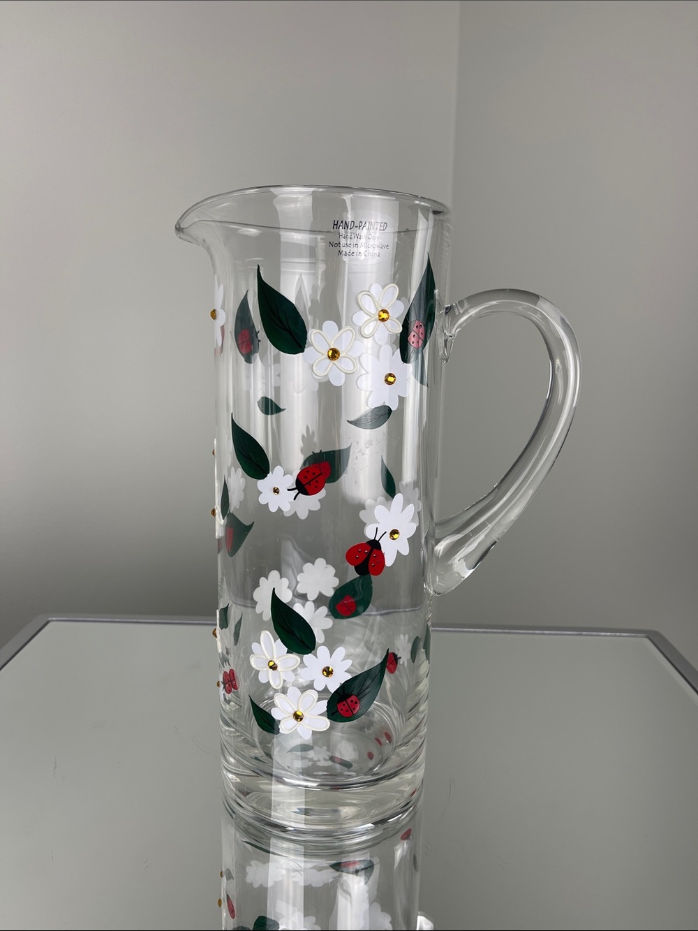 Homegoods Hand-Painted Ladybug & Floral Glass Pitcher 64 fl.oz.
